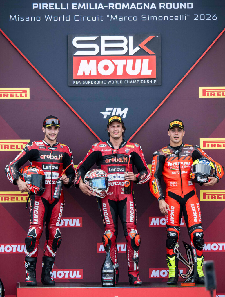 WorldSBK Race 2 podium at Misano with Nicolò Bulega, Iker Lecuona and Yari Montella.