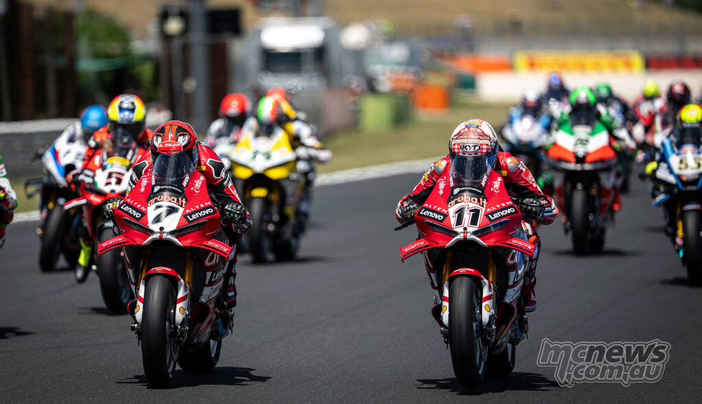 Nicolò Bulega and Iker Lecuona leading the WorldSBK field from the start at Misano.