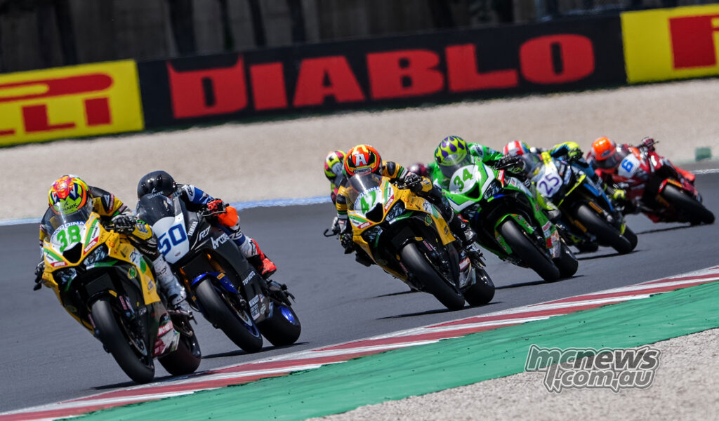 David Salvador leading Carter Thompson, Antonio Torres and the WorldSPB pack through a Misano corner.