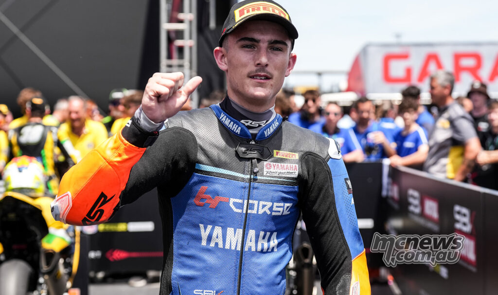 Carter Thompson in parc fermé after finishing second in WorldSPB Race 2 at Misano.
