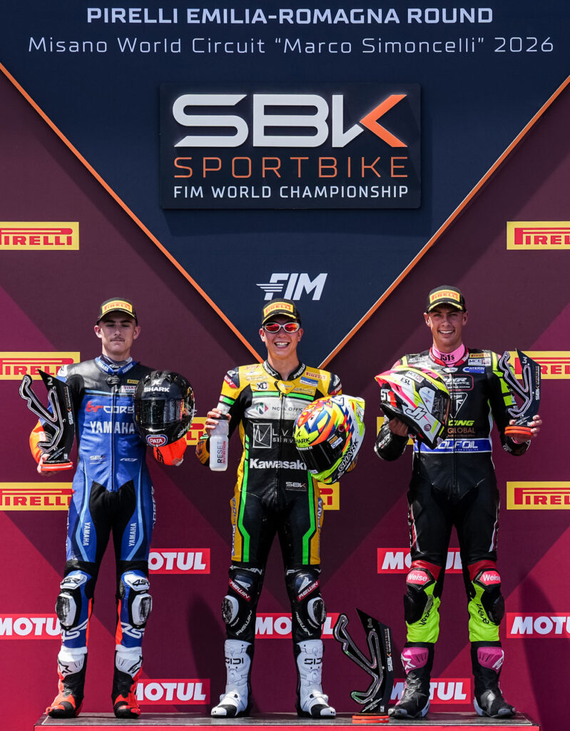 WorldSPB Race 2 podium at Misano with David Salvador, Carter Thompson and Fenton Seabright.