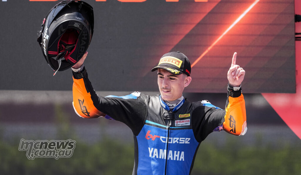 Carter Thompson celebrating on the WorldSPB podium after finishing second at Misano.