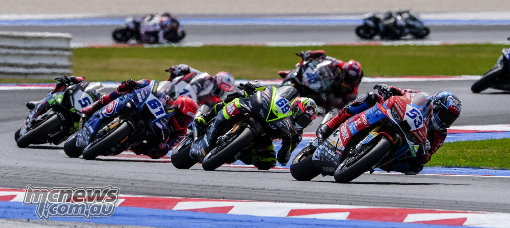 Valentin Debise leading Tom Booth-Amos, Can Öncü and the WorldSSP pack during Race 2 at Misano.
