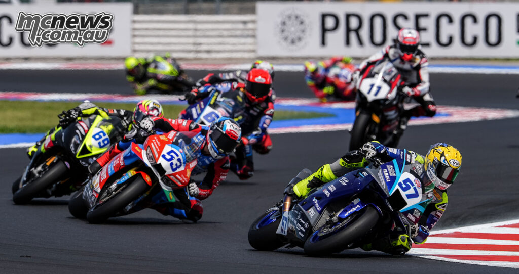 Aldi Satya Mahendra leading Valentin Debise and Tom Booth-Amos in WorldSSP Race 2 at Misano.