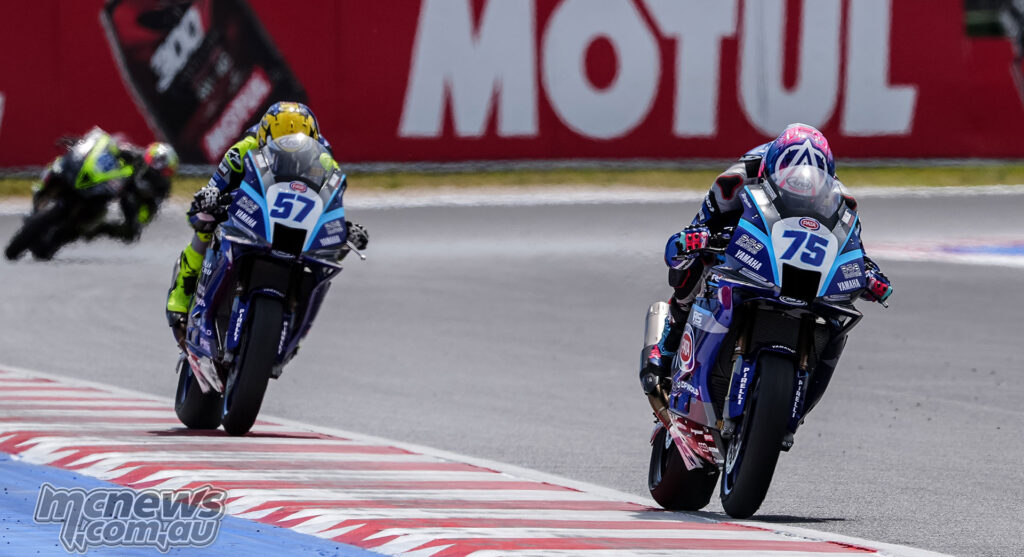 Albert Arenas leading Aldi Satya Mahendra during WorldSSP Race 2 at Misano.