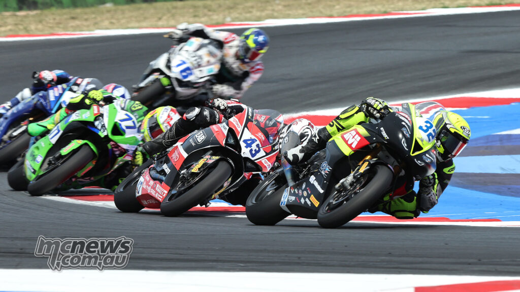 Oli Bayliss riding the PTR Triumph in a WorldSSP Race 2 battle at Misano.