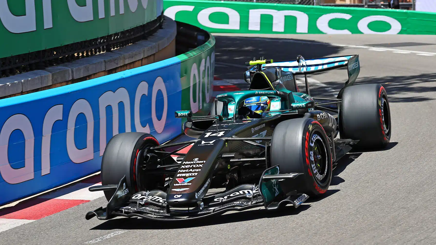 Fernando Alonso (Aston Martin-Honda) and Aramco advertising during practice for the 2026 Monaco Grand Prix