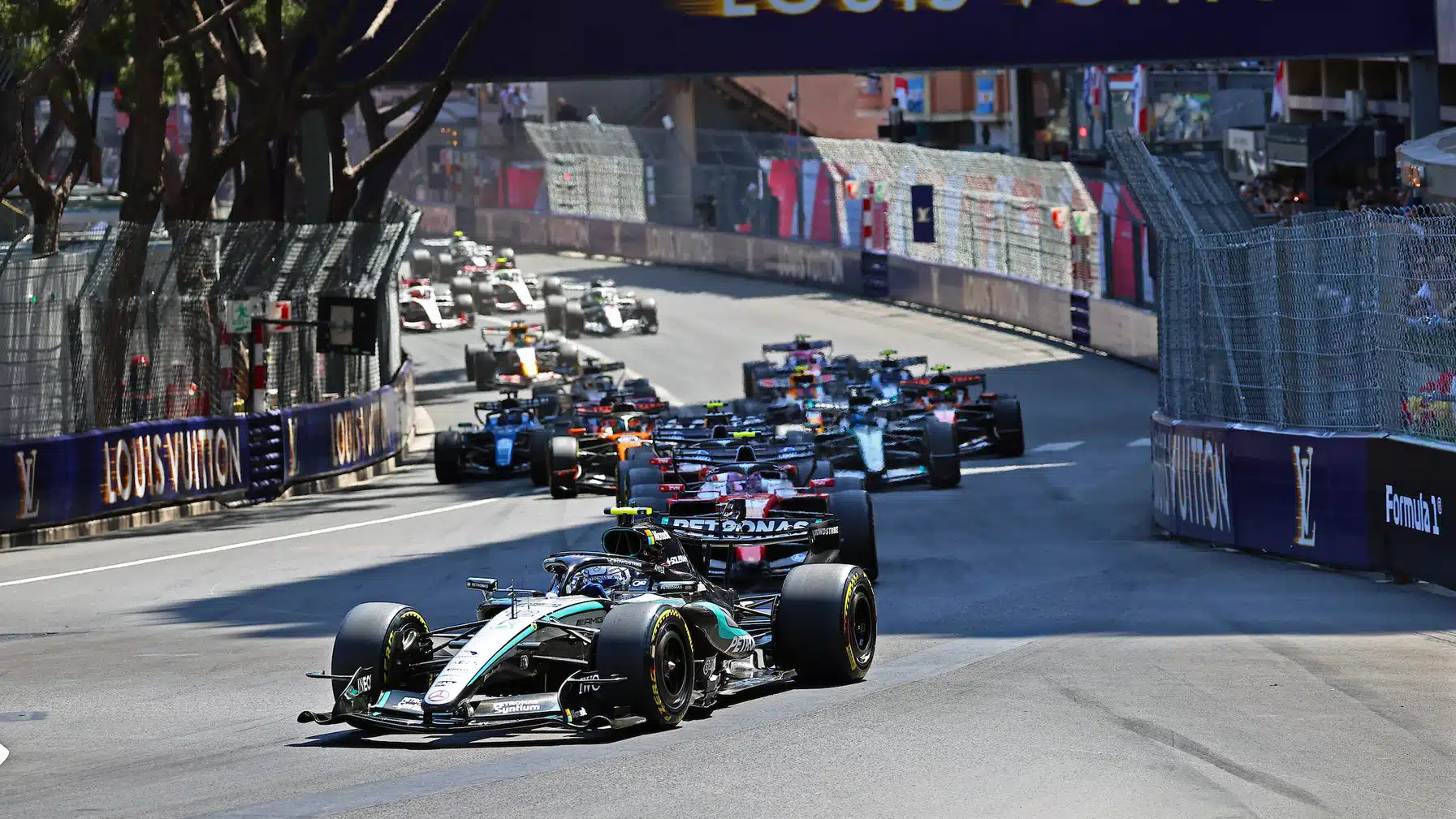 Kimi Antonelli (Mercedes) leads the field into the forst corner after the start of the 2026 Monaco Grand Prix