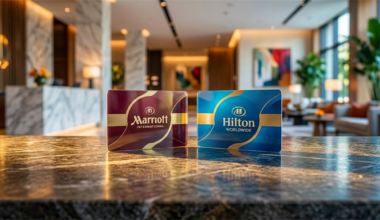 Marriott International and Hilton Worldwide loyalty card keys displayed on a marble hotel lobby counter.