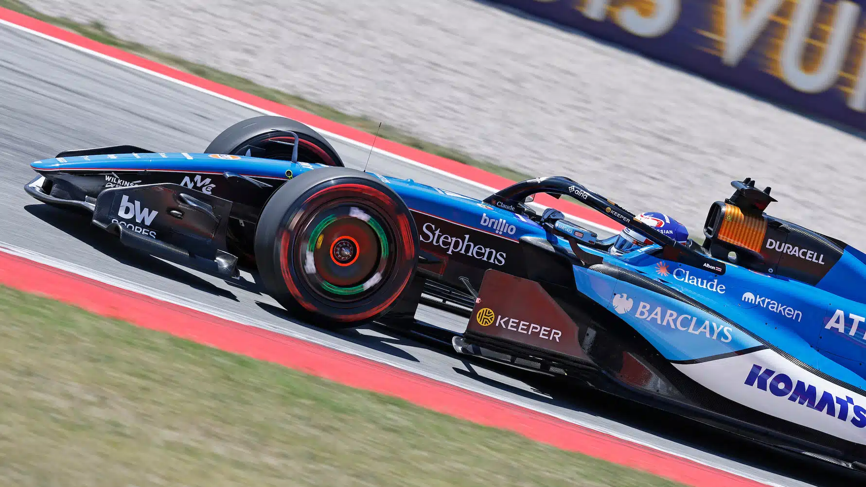 Alexander Albon (Williams-Mercedes) - with Nigel Mansell helmet) during practice for the 2026 Catalunya Grand Prix