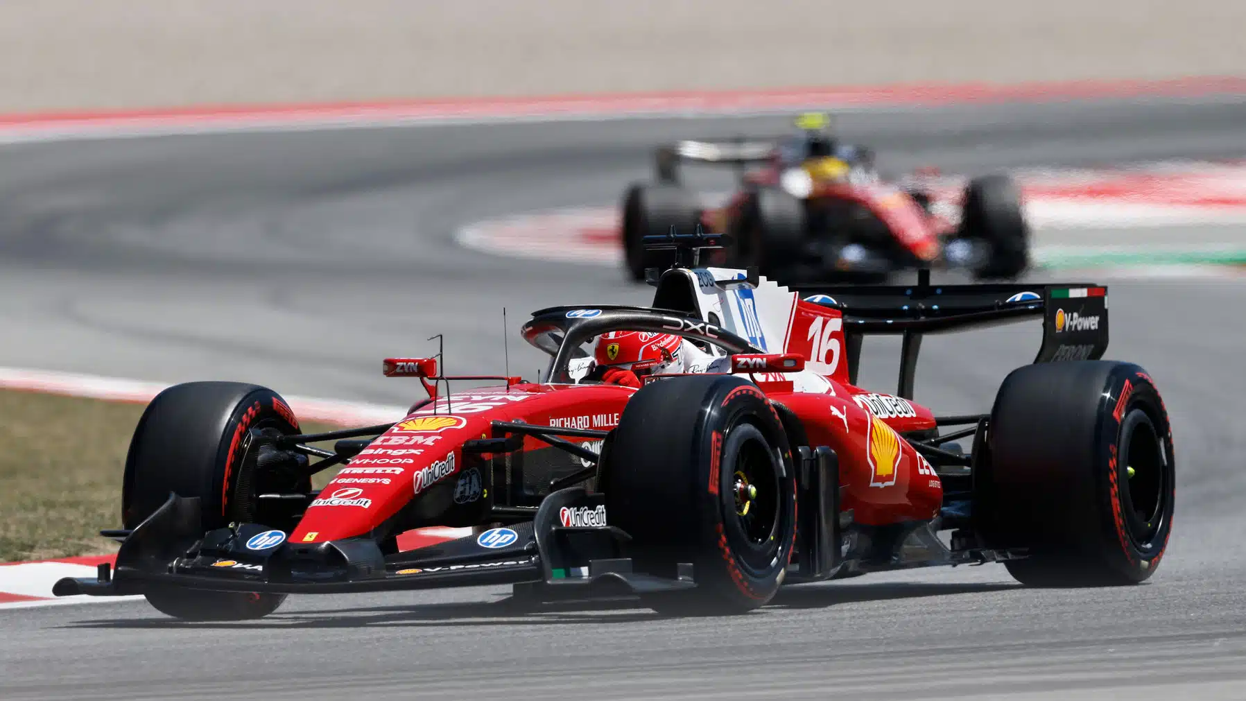 Charles Leclerc in front of Ferrari teammate Lewis Hamilton during practice for the 2026 Catalunya Grand Prix