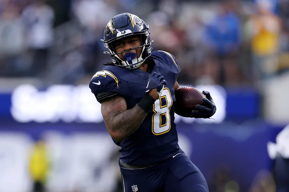 INGLEWOOD, CALIFORNIA - DECEMBER 27: Omarion Hampton #8 of the Los Angeles Chargers carries the ball in the second quarter during the NFL 2025 game between Houston Texans and Los Angeles Chargers at SoFi Stadium on December 27, 2025 in Inglewood, California. (Photo by Katelyn Mulcahy/Getty Images)