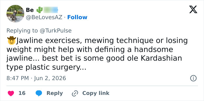Social media post discussing jawline exercises and plastic surgery for jawline definition Social media post discussing jawline exercises and plastic surgery for jawline definition