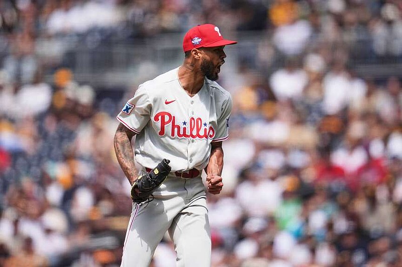Philadelphia Phillies starting pitcher Cristopher Sánchez celebrates after the last out of the seventh inning of a baseball game against the San Diego Padres Wednesday, May 27, 2026, in San Diego. (AP Photo/Gregory Bull)