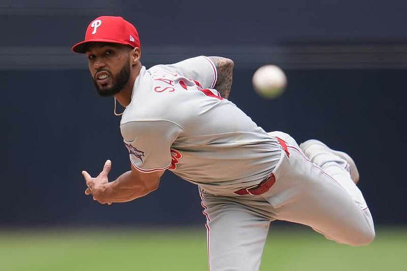 Philadelphia Phillies starting pitcher Cristopher Sánchez works against a San Diego Padres batter during the first inning of a baseball game Wednesday, May 27, 2026, in San Diego. (AP Photo/Gregory Bull)