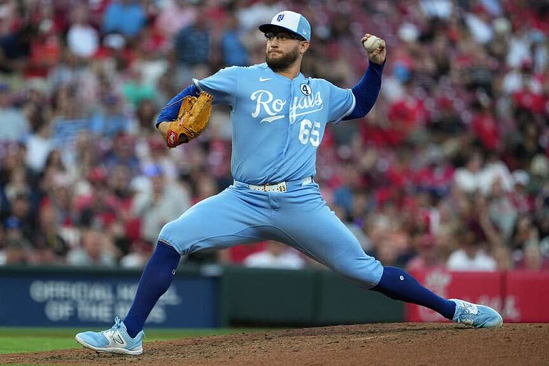 Kansas City Royals pitcher Noah Cameron delivers during the fourth inning of a baseball game against the Cincinnati Reds, Tuesday, June 2, 2026, in Cincinnati. (AP Photo/Kareem Elgazzar)