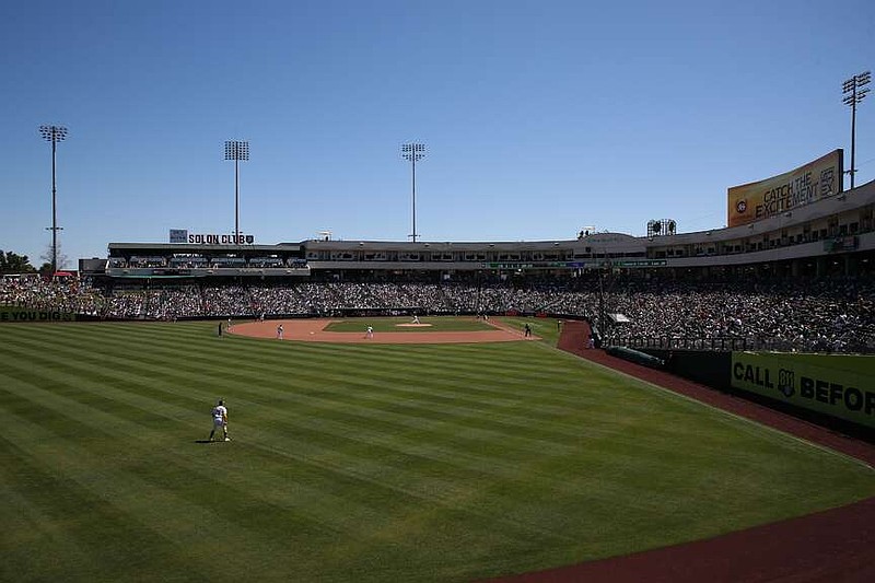 The Athletics and the New York Yankees play during the seventh inning of a baseball game at Sutter Health Park, Sunday, May 31, 2026, in West Sacramento, Calif. (AP Photo/Scott Marshall)