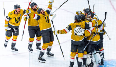 Golden Knights players celebrate their 2-1 win against the Colorado Avalanche during the third ...
