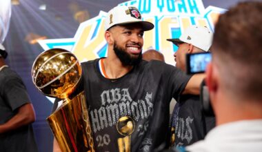 KAT Shout Outs Fiancee Jordyn Woods' Lucky Bag, Mom, Dad & Anthony Edwards After Knicks Win Title