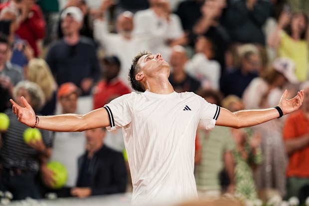 Jakub Mensik of Czech Republic celebrates defeating Andrey Rublev.