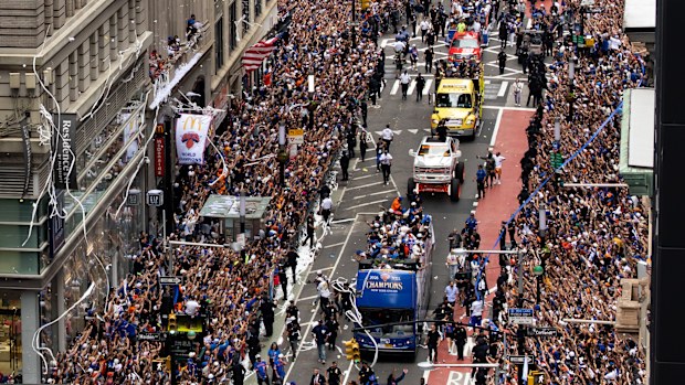 A general view of the procession during the New York Knicks Championship ticker tape parade.