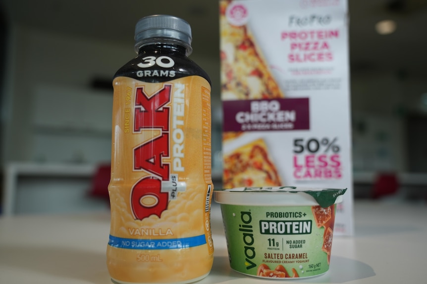 A group of protein products from the supermarket.