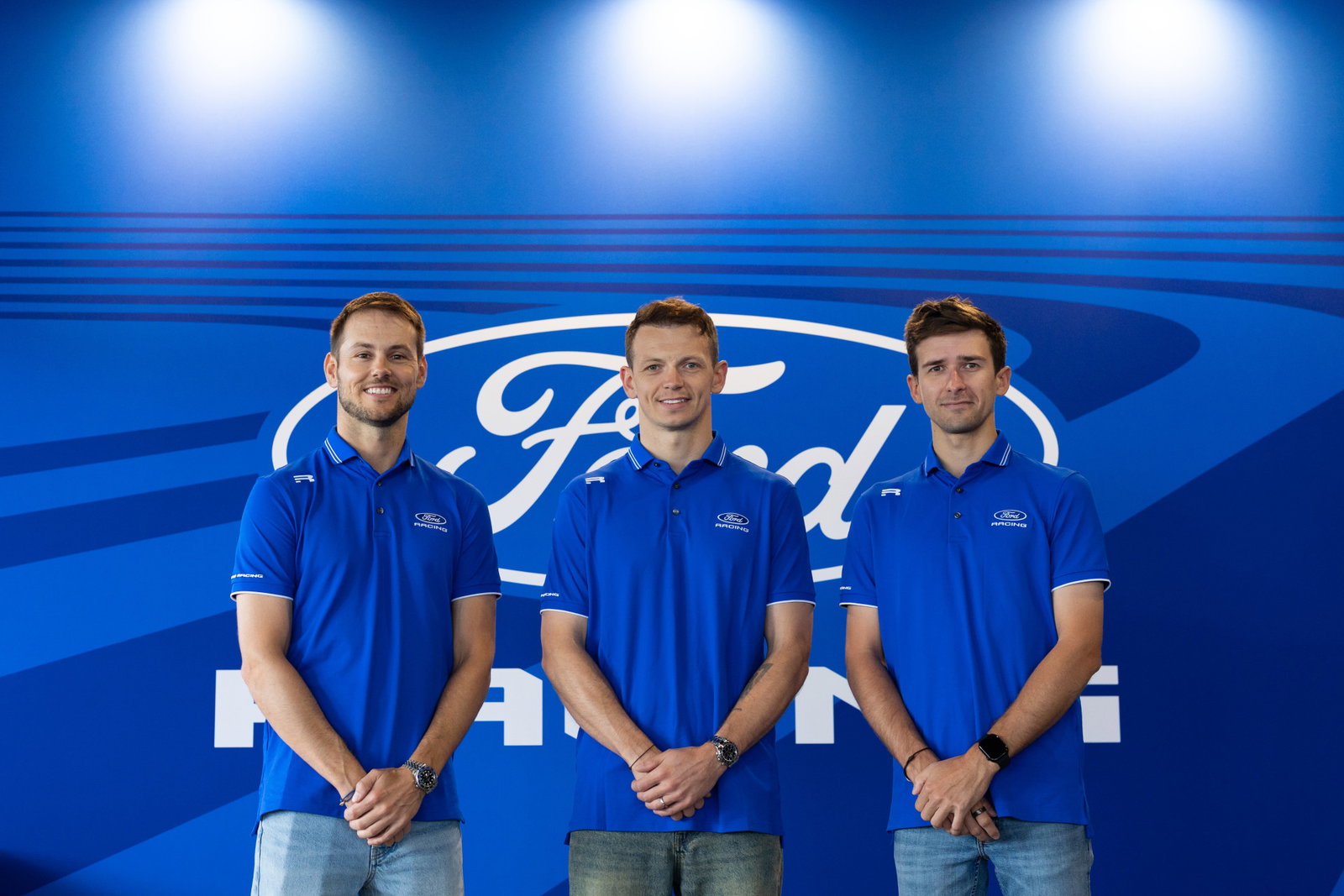 Matt Campbell (right) with Ford teammates Tom Blomqvist (left) and Nick Yelloly.