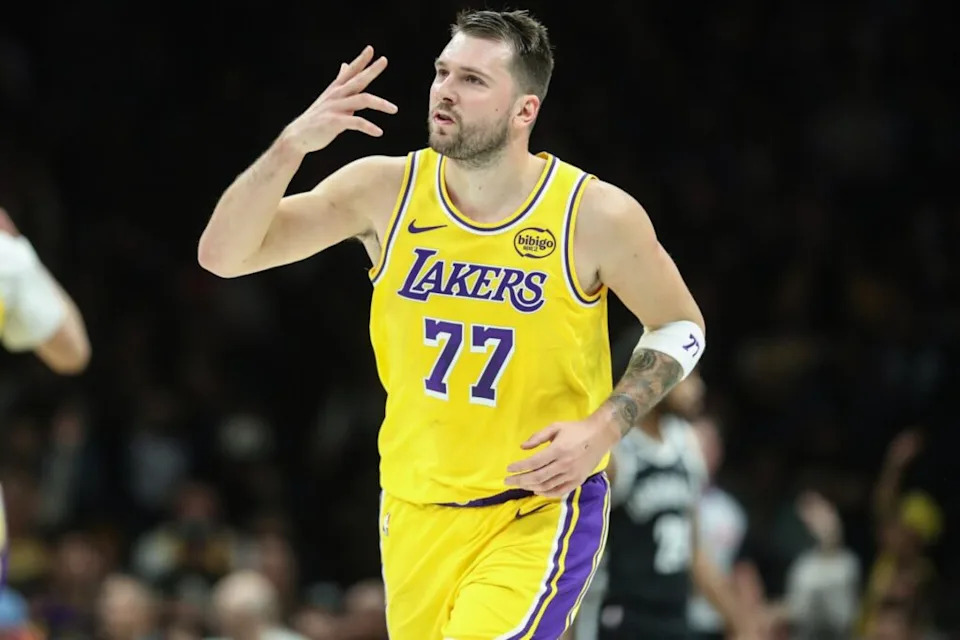 Los Angeles Lakers guard Luka Doncic (77) gestures after scoring in the first quarter against the Brooklyn Nets at Barclays Center on Feb 3, 2026.