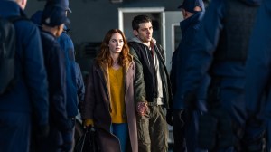 Center L to R: Emily Blunt and Josh O'Connor in DISCLOSURE DAY, directed by Steven Spielberg.