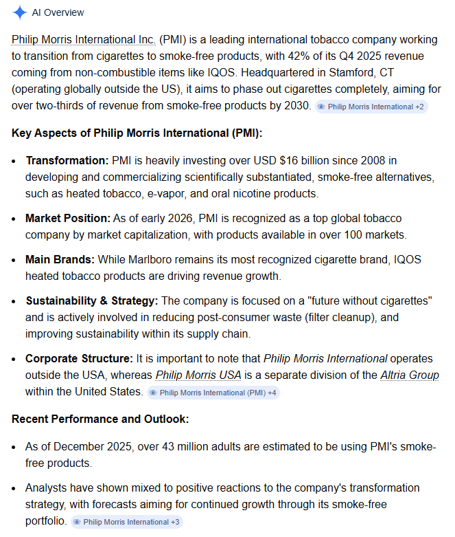A screenshot of text from a Google AI overview of Philip Morris International.