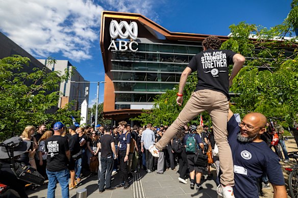 The scene outside ABC studios in Melbourne as the broadcaster’s staff walked out on strike for the first time in 20 years.