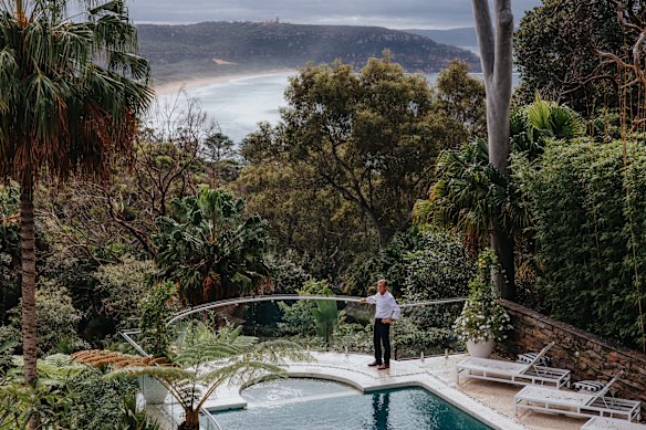 The renovated beach house features floating stairs designed to protect native plants on neighbouring council land and white quartz pebbles in the swimming pool.