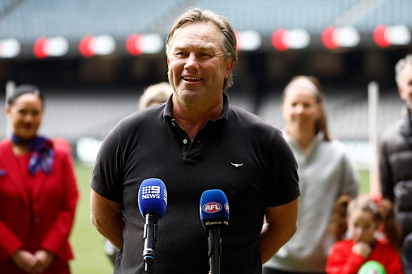 Tony Modra speaks with media in 2024 about the AFL’s mark and goal of the year awards, which he’ll be forever linked to.