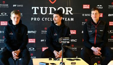 Michael Storer, Julian Alaphilippe and Stefan Kung during the Tudor Pro Cycling team presentation of the team in Moraira, near Alicante, on January 7, 2026