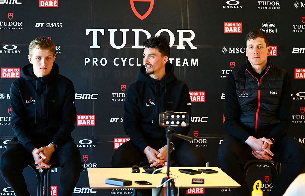 Michael Storer, Julian Alaphilippe and Stefan Kung during the Tudor Pro Cycling team presentation of the team in Moraira, near Alicante, on January 7, 2026