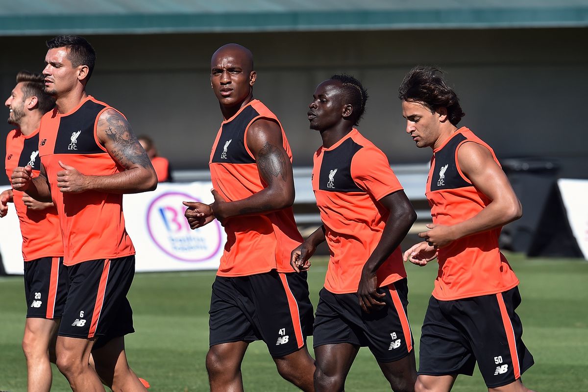 Andre Wisdom, Sadio Mane and Lazar Markovic during a Liverpool training session