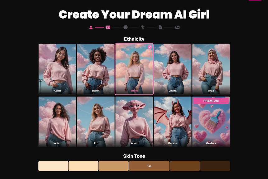 A screen shot of the Create your Dream AI Girl page in OurDream.