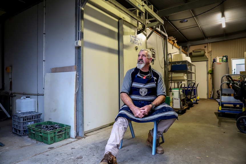 A man sits on a chair,  wearing a blue and white striped butcher's apron. There is a cool room and equipment in the background.e