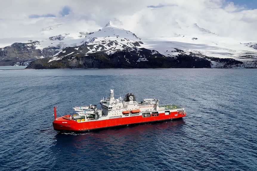 The red and white research vessel Nuyina is anchored off Heard Island, which is covered in snow.
