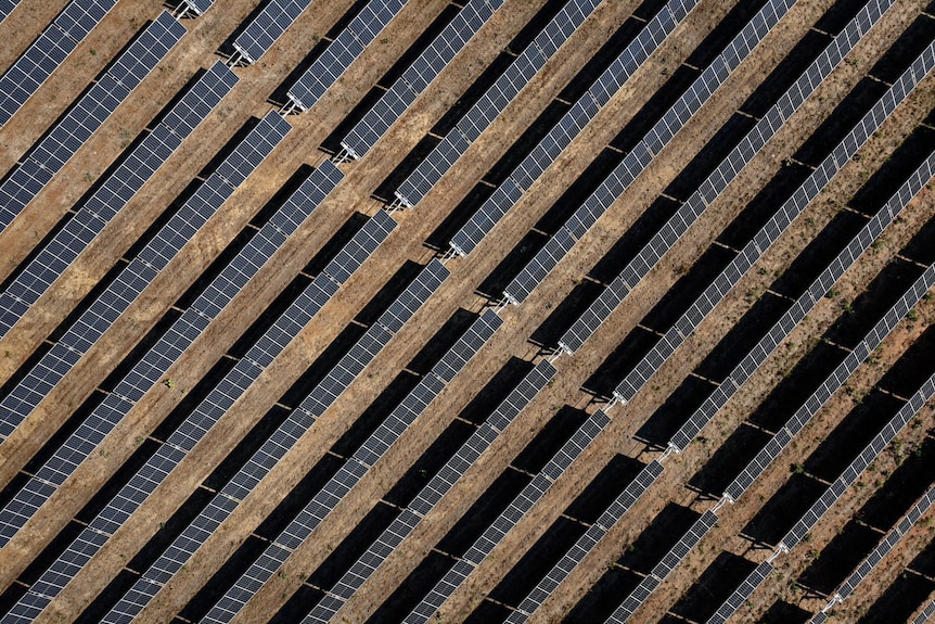 An aerial photo of some solar panels.