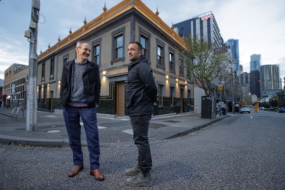 Raman Shaqiri (right) at the rebuilt Corkman with heritage architect John Briggs.