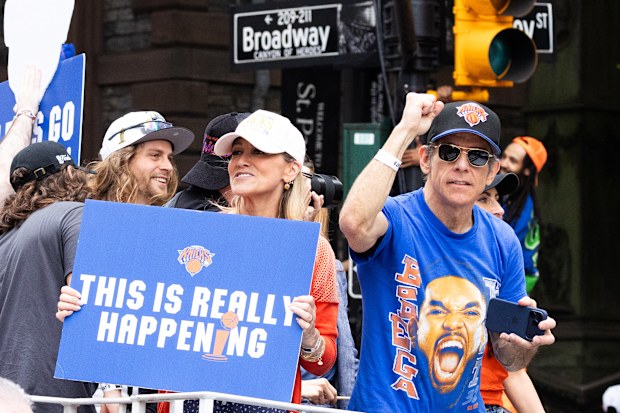 Christine Taylor and Ben Stiller are seen at the New York Knicks championship ticker-tape parade 
