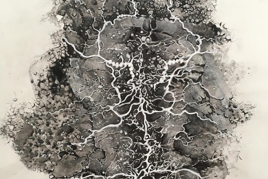 An abstract painting of the brain's vascular system, done in charcoal.