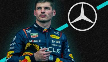 Max Verstappen in front of Mercedes-logo
