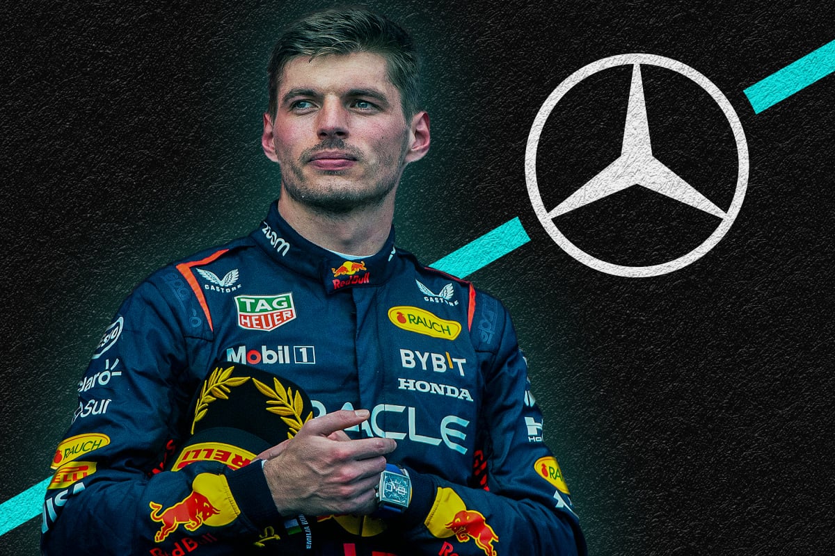 Max Verstappen in front of Mercedes-logo