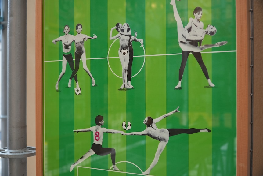 Images of black and white ballet dancers superimposed onto a football pitch.