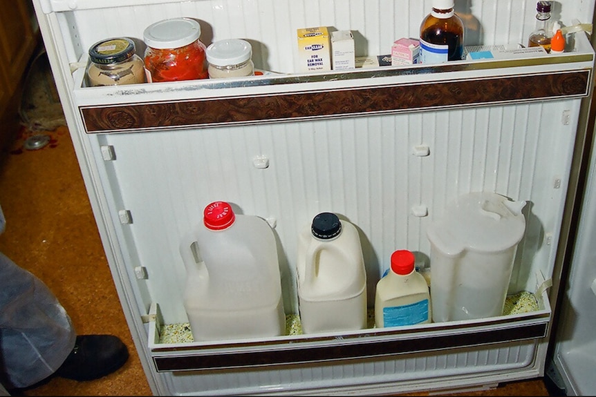 An open fridge door with large bottles of milk on the bottom. 