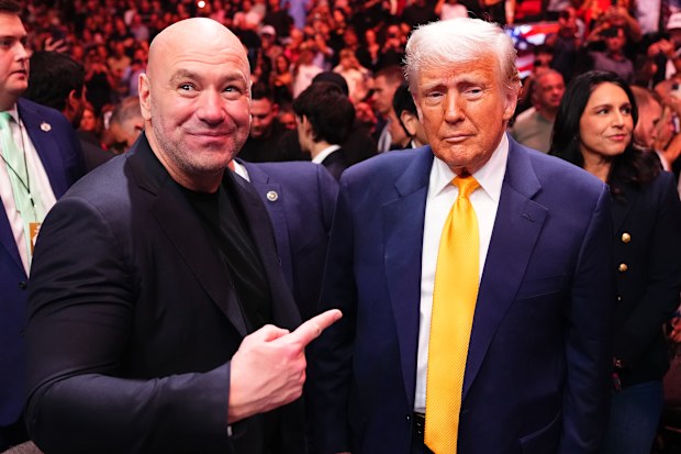 Dana White poses with Donald Trump during the UFC 314 event at Kaseya Center on April 12, 2025 in Miami, Florida. (Photo by Jeff Bottari/Zuffa LLC)