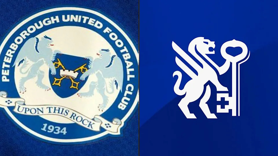 A composite image of Peterborough United's new and old crests. The old one has the full name of the club spelt out in a circle, with a tagline "upon this rock". It has a set of crossed keys and two lions either side of a shield. The new one has a lion holding a tall key.