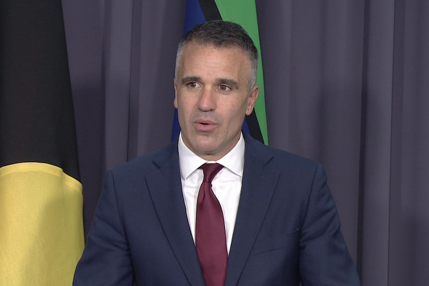 Peter Malinauskas stands in front of aboriginal flags in a press conference